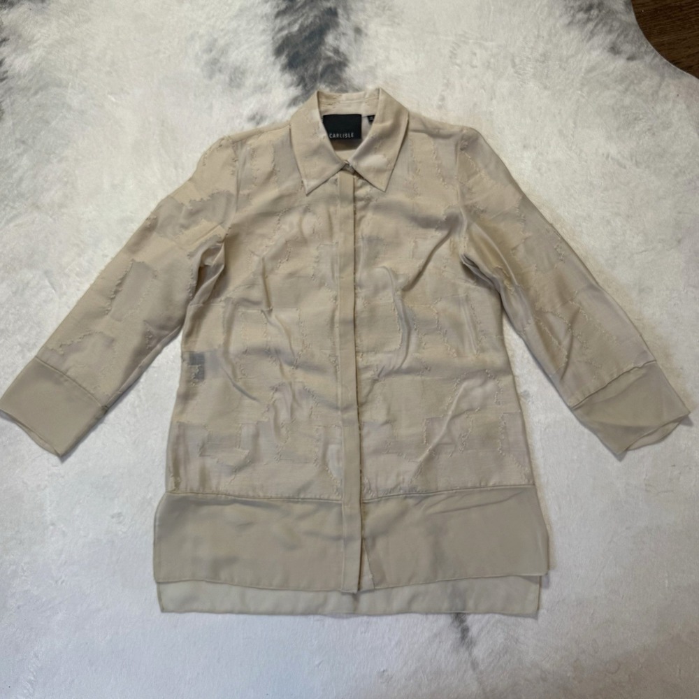 Carlisle Blouse Womens Size 10 Khaki Button Up 3/4 Sleeve Shirt Textured